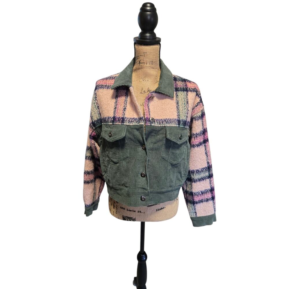 Entro cropped corduroy green and pink button up jacket, size small